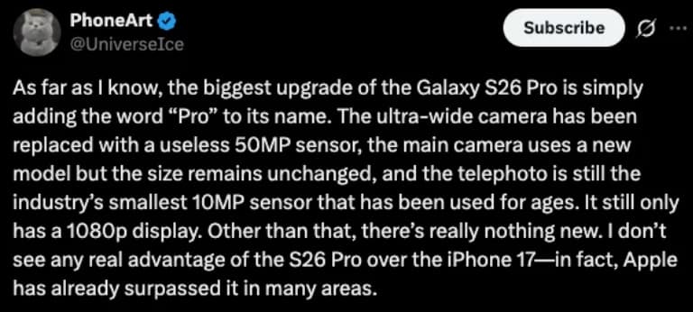 گزارش ice universe برای گلکسی S26 پرو