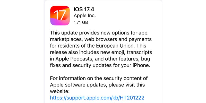 حجم آپدیت iOS 17.4