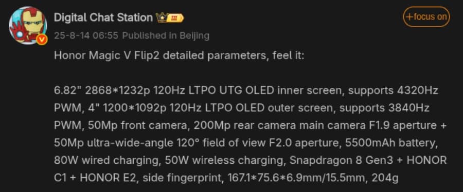 مشخصات فنی آنر مجیک V‌ فلیپ ۲