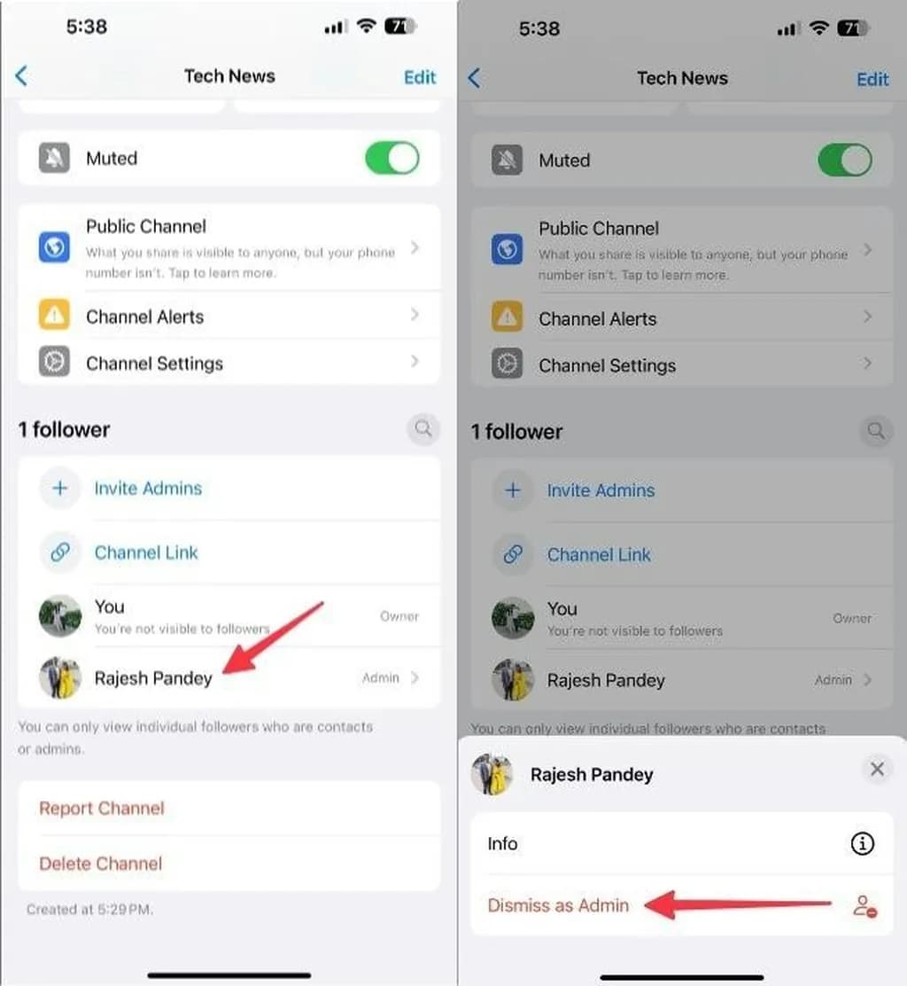 حذف مدیر در کانال واتس‌اپ برای iOS