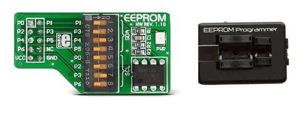شکل 5. حافظه رام برنامه‌پذیر پاک‌شونده با برق (EEPROM) در سمت چپ و دستگاه برنامه‌نویسی آن در سمت راست