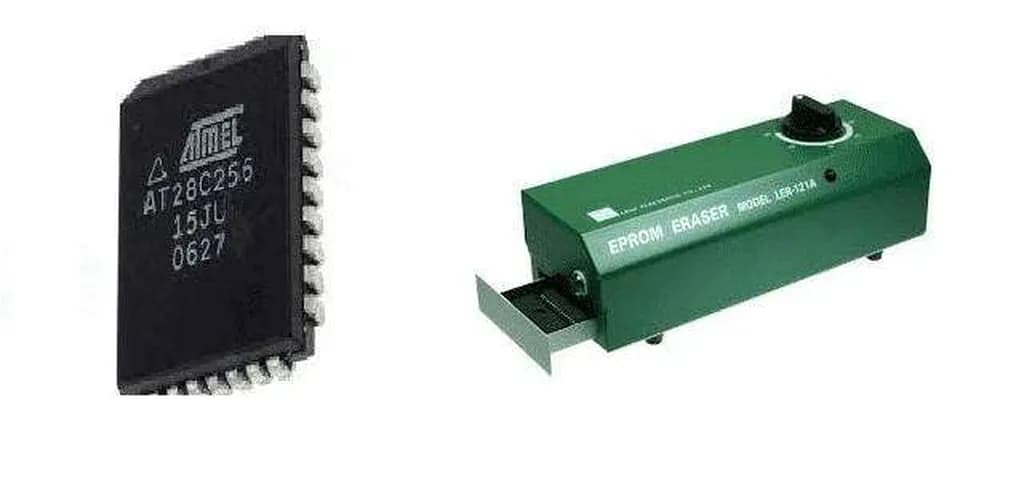 شکل 4. حافظه رام برنامه‌پذیر پاک‌شونده (EPROM) در سمت چپ و دستگاه پا‌ک‌کننده محتوای آن در سمت راست