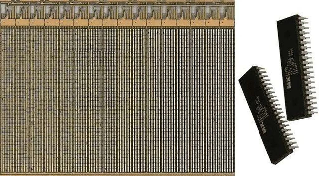 شکل 3. سمت راست: تراشه‌های حافظه رام ماسک (MROM)؛ سمت چپ: نمایی نزدیک از ساختار حافظه MROM