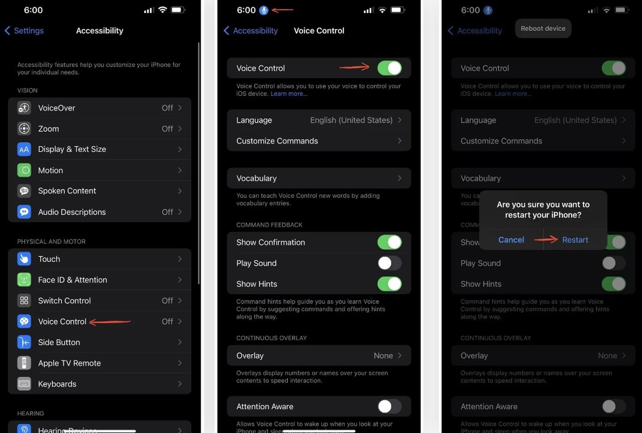ری‌استارت آیفون ۱۳ با وُیس کنترل (Voice Control)