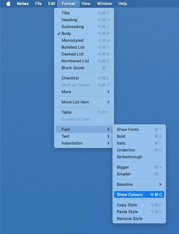 دسترسی به پالت رنگ در نرم‌افزار Notes مک