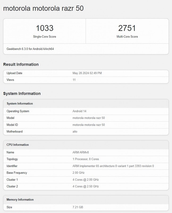 لیست گیکبنچ موتورولا ریزر ۵۰