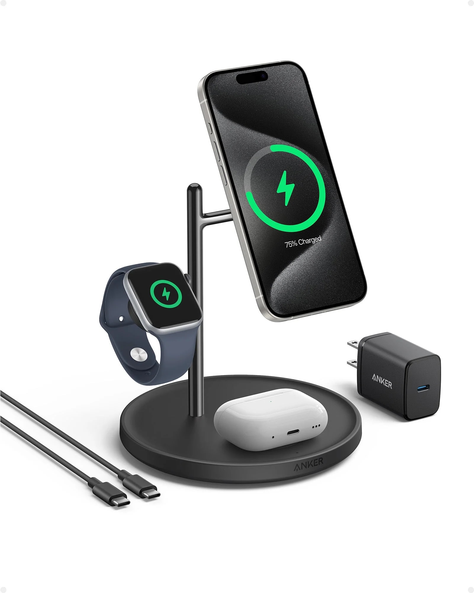 شارژر بی‌سیم ۱۵ وات ۳ در ۱ انکر مدل MagGo Wireless Charging Station 3-in-1 Qi2 B25M4-1