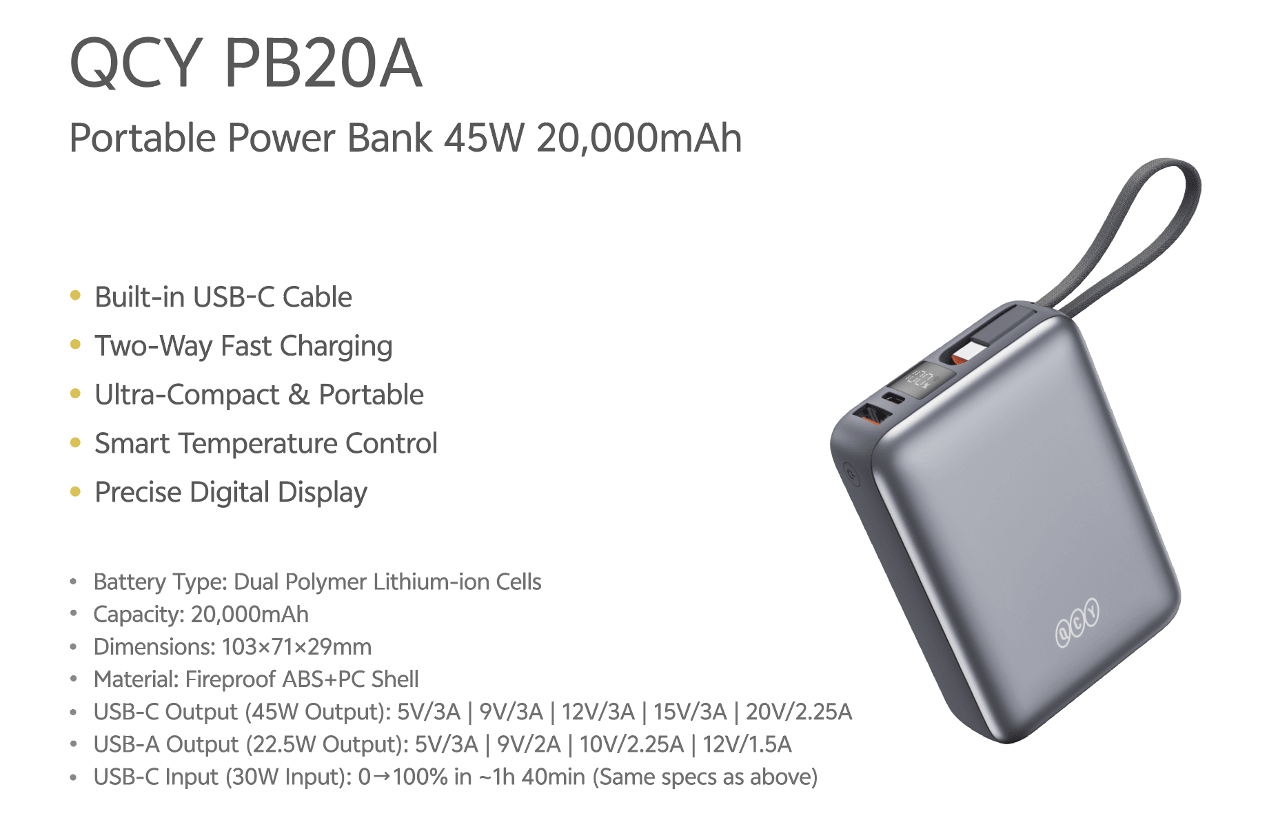 پاوربانک 45 وات کیو سی وای مدل PB20A ظرفیت 20000 میلی‌آمپر-1