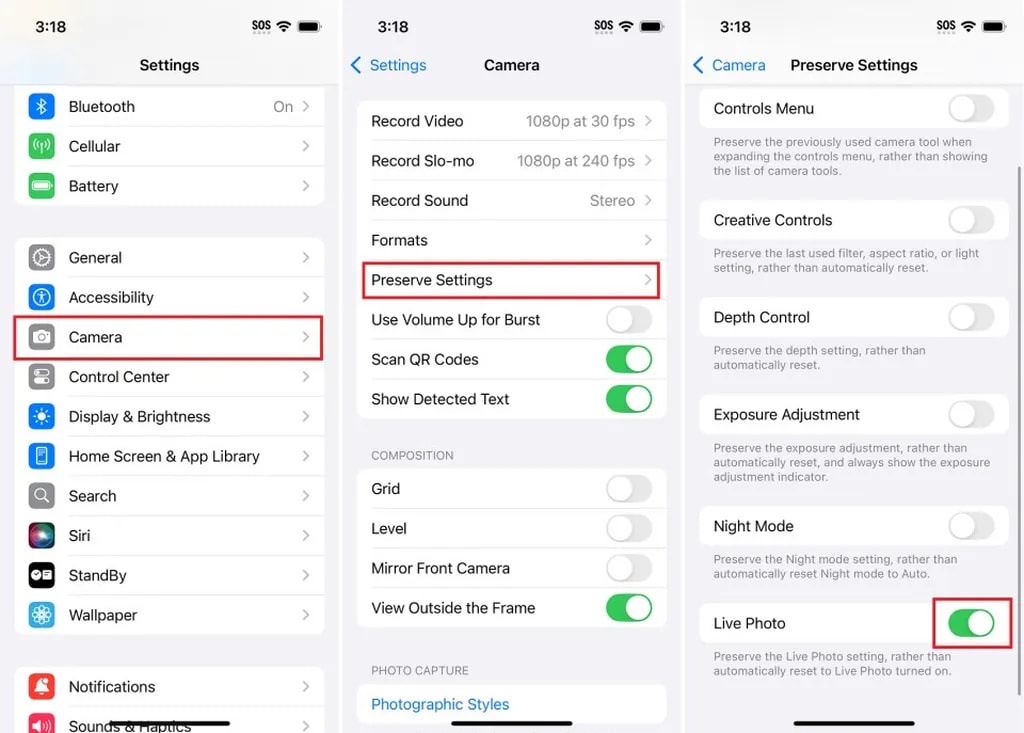 غیرفعال کردن دائمی Live Photos