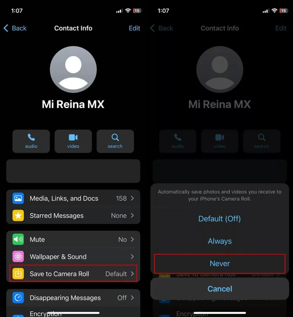 عدم ذخیره عکس و فیلم مخاطب خاص در گالری واتس‌اپ آیفون