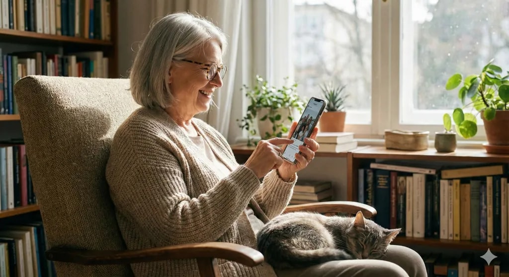 خانومی سالمند در حال استفاده از گوشی موبایل 