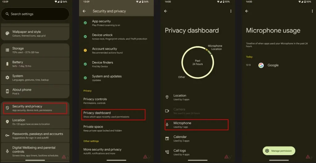 داشبورد حریم خصوصی اندروید