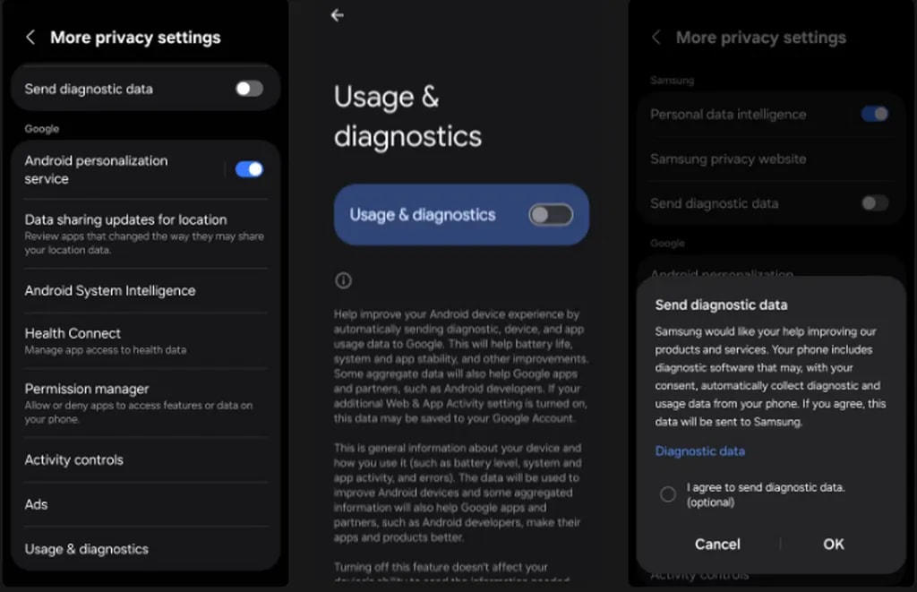 غیرفعال‌سازی ارسال داده‌های تشخیصی