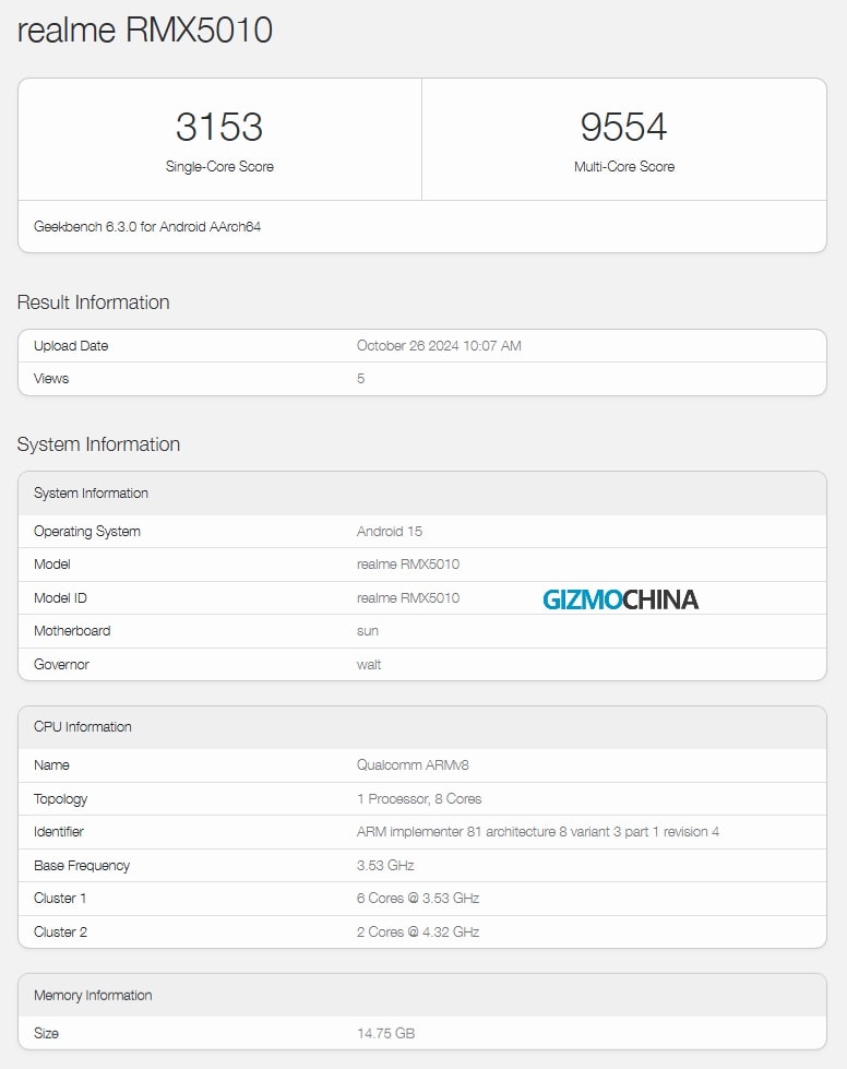 بنچمارک گیکبنچ ریلمی جی تی ۷ پرو