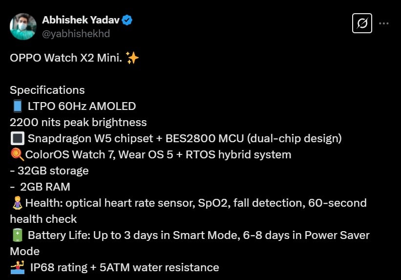 مشخصات فنی اوپو واچ X2 مینی