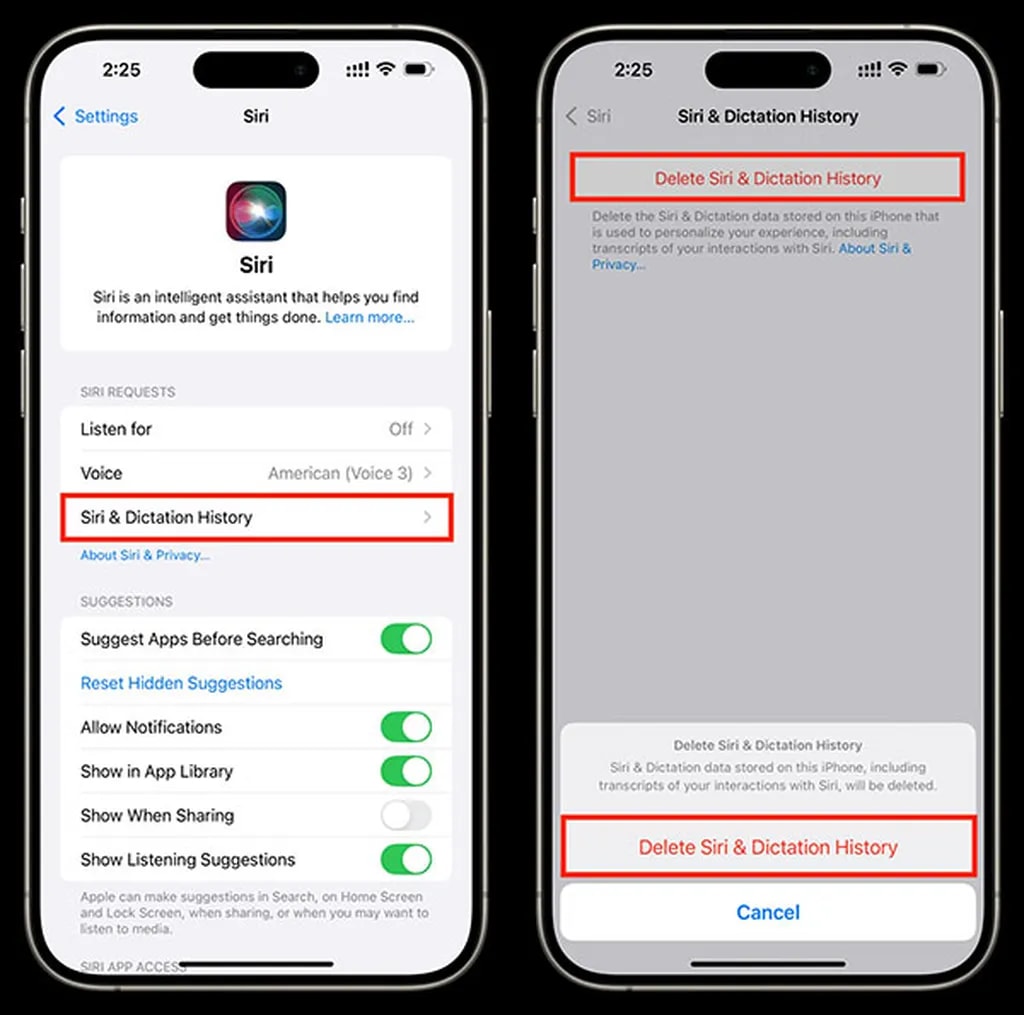 حذف تاریخچه و اطلاعات سیری