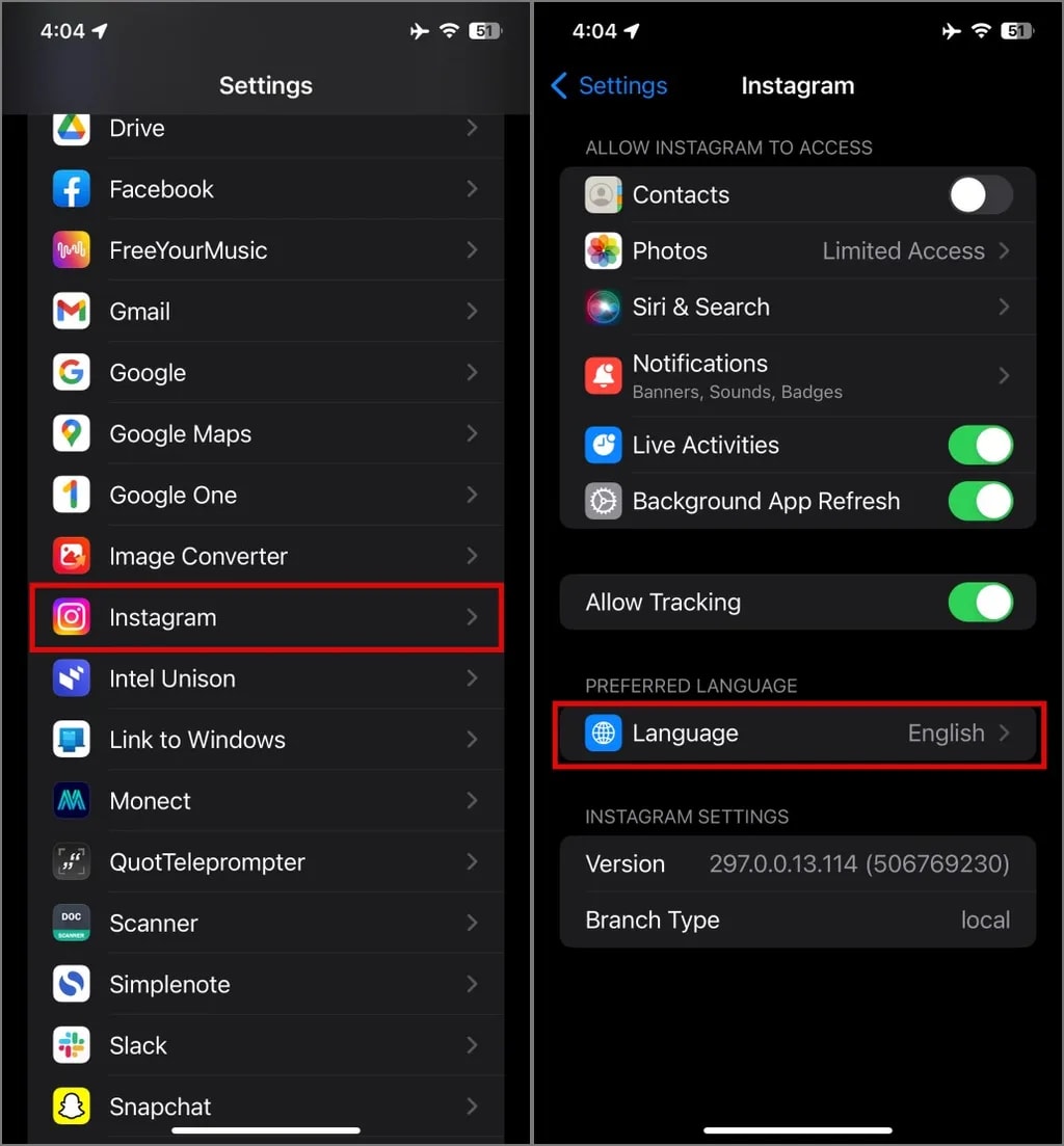 طریقه تغییر زبان اینستاگرام در iPhone