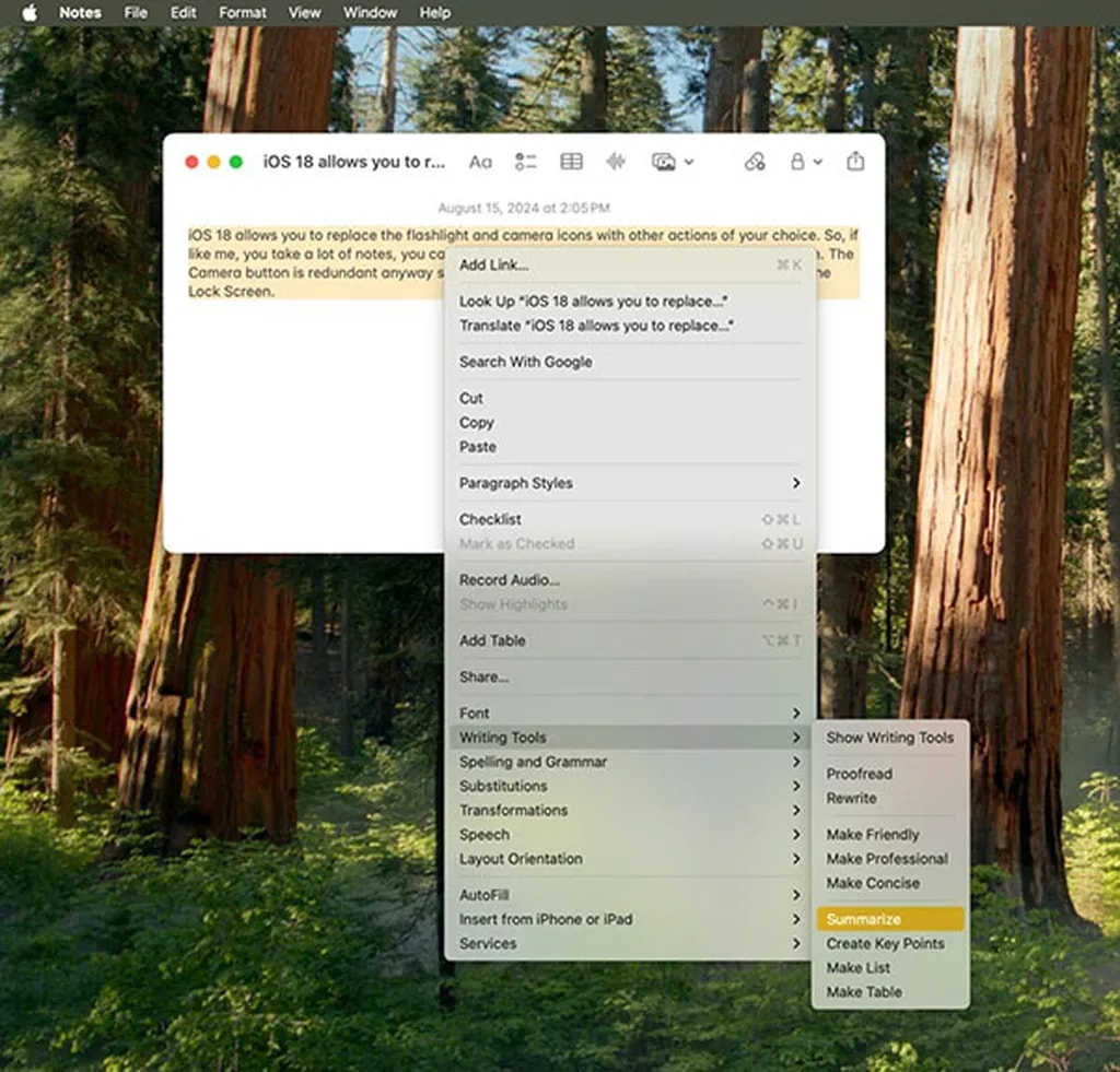 خلاصهنویسی در اپلیکیشن Notes روی مک