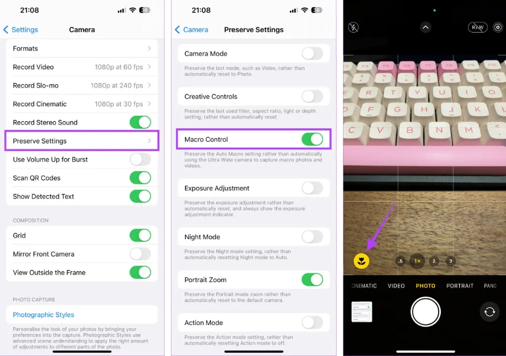 کنترل بیشتر بر روی حالت ماکرو و افزایش کیفیت عکسهای نمای نزدیک