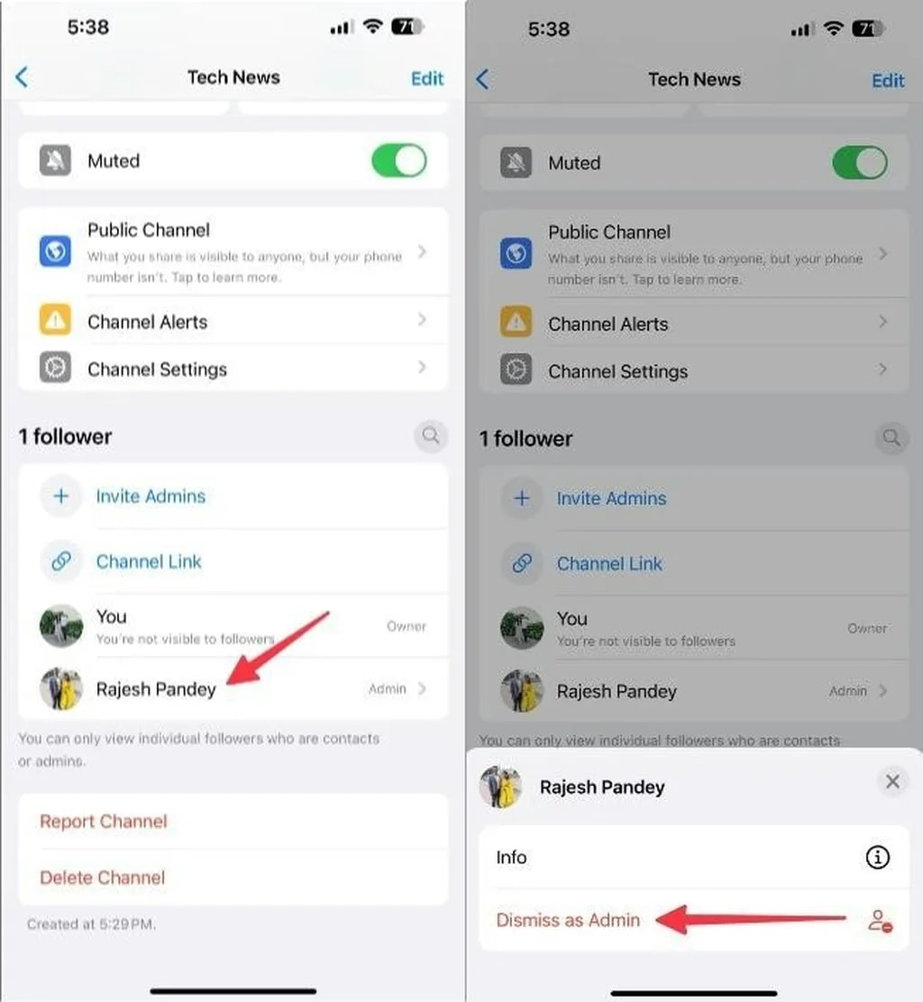 حذف مدیر در کانال واتساپ برای iOS