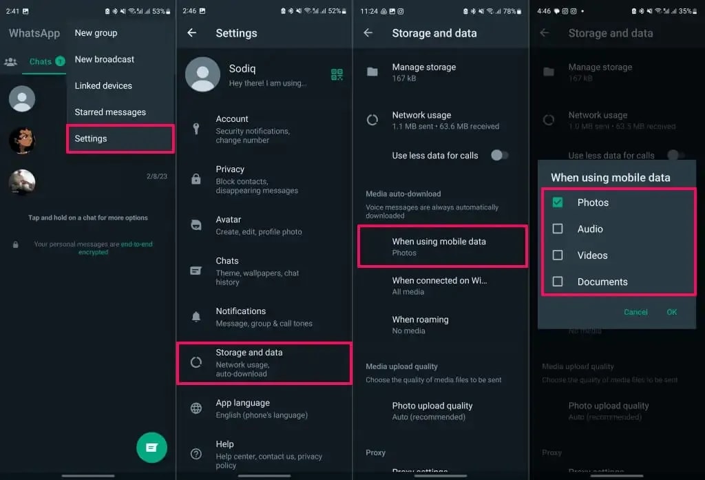 جلوگیری از دانلود خودکار واتساپ با دیتای موبایل