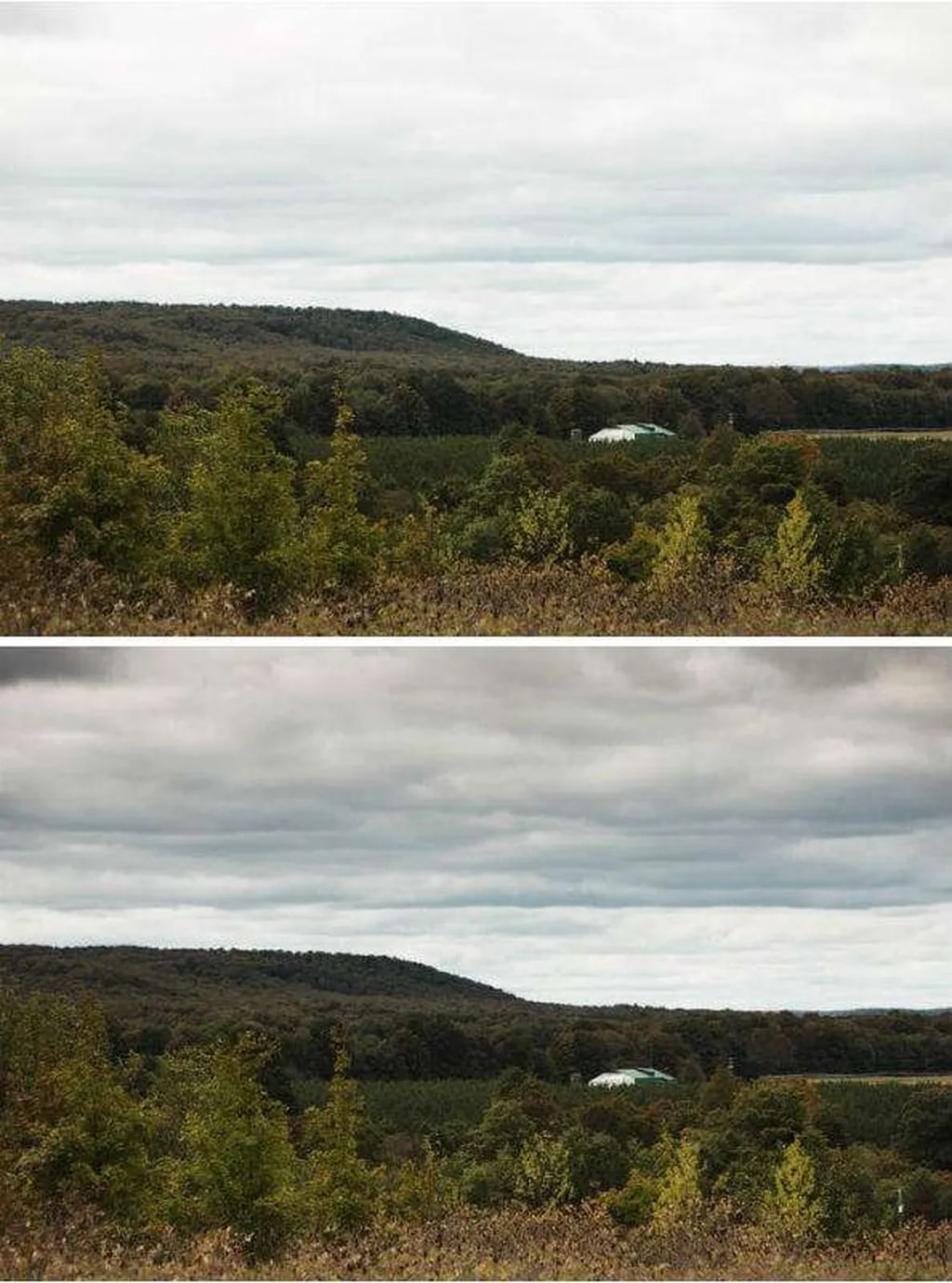 به هر دو عکس بنگرید. عکس فوقانی بدون فیلتر مدرج کاهنده نور گرفته شده است و بهعلت شدت نور در نیمه بالایی منظره، جزییات آسمان در آن مشهود نیست. عکس زیرین با استفاده از فیلتر مدرج کاهنده نور ثبت و باعث شده است آسمان و از جمله تودههای ابر با جزییات بیشتری دیده شود. فیلتر طوری تنظیم شده است که نیمه تیره یا کاهنده آن بالا باشد تا آسمان را در این منظره پوشش دهد.