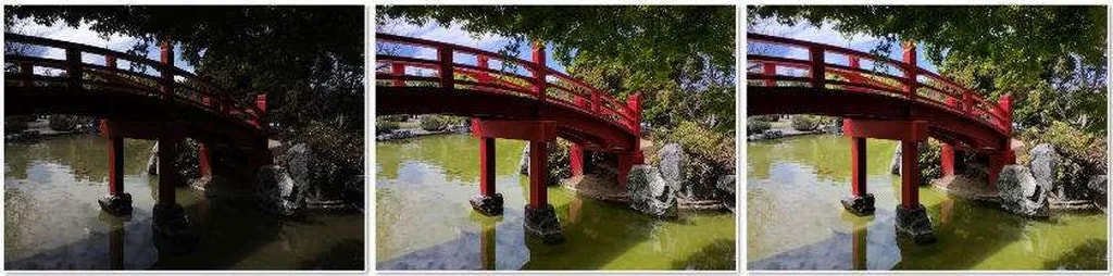 از چپ به راست: تصویر 12 مگایپکسلی اصلی؛ تصویر تصحیحشده با الگوریتم +HDR طی 400 تا 600 میلیثانیه؛ تصویر تصحیحشده با الگوریتم جدید امآیتی و گوگل ظرف 61 ثانیه.