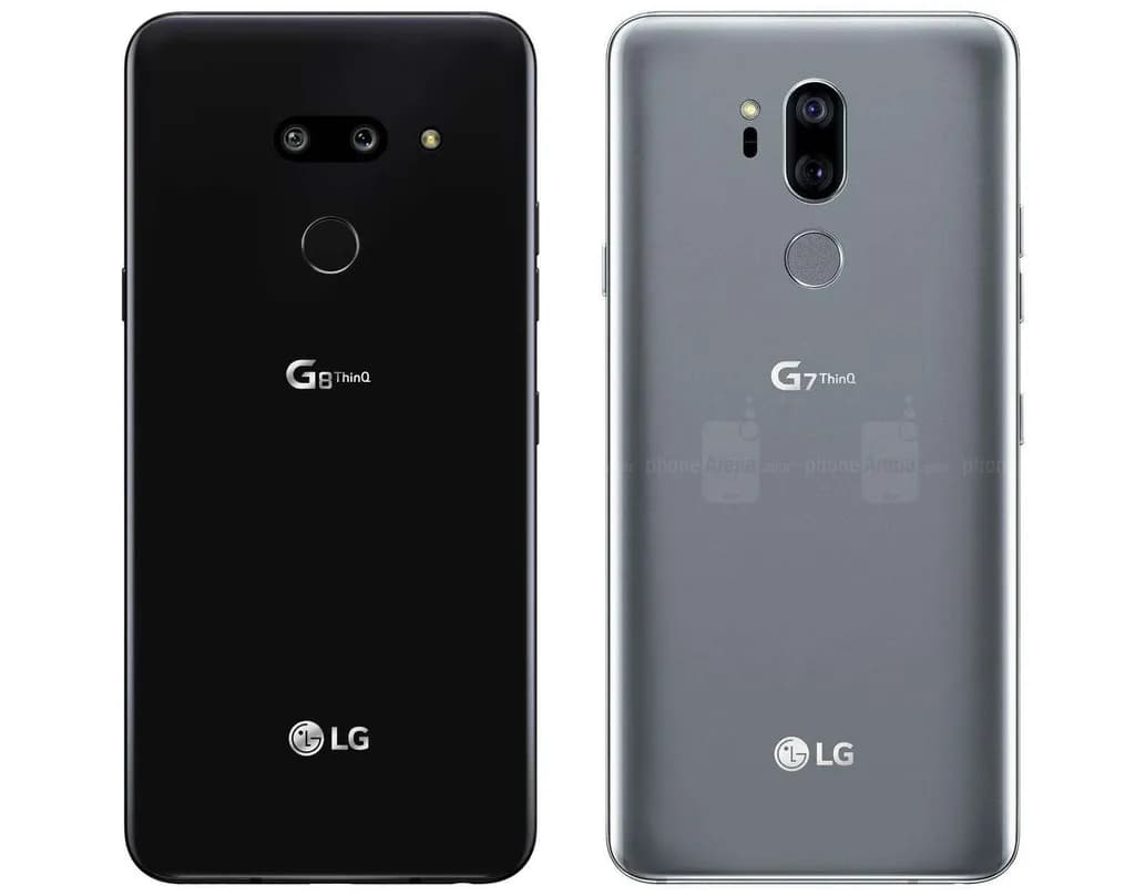 LG G8 ThinQ با رنگ مشکی در کنار LG G7 با رنگ نقرهای