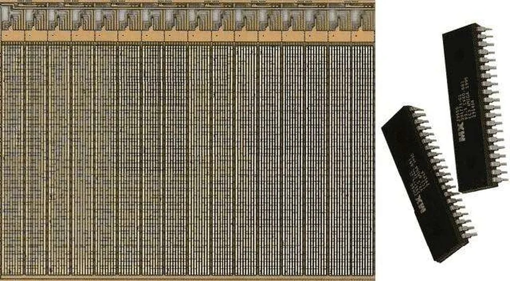 شکل 3. سمت راست: تراشههای حافظه رام ماسک (MROM)؛ سمت چپ: نمایی نزدیک از ساختار حافظه MROM