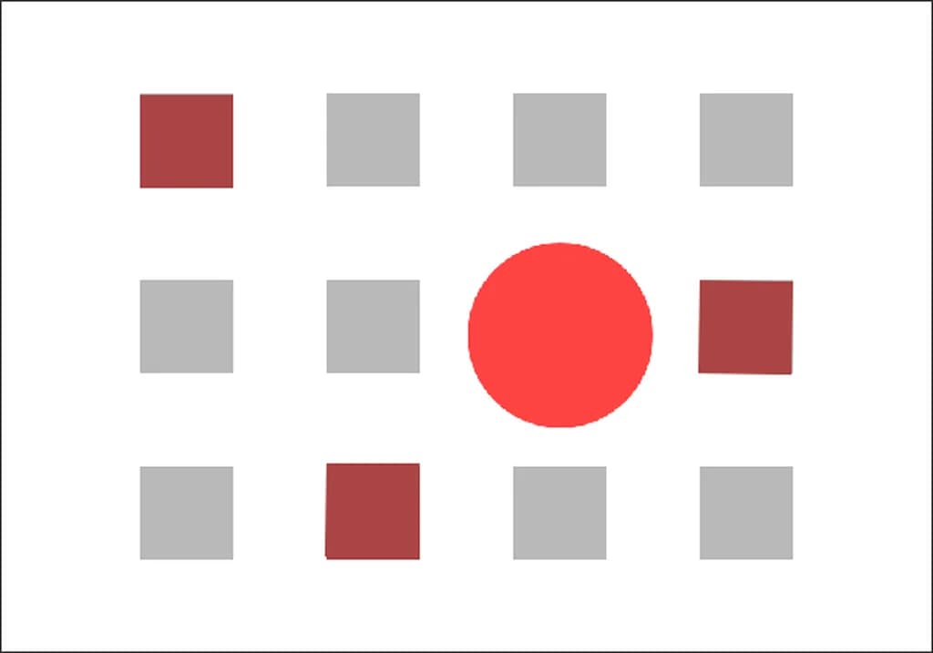 تصویر 2. دایره قرمز، نقطه کانونی اصلی این تصویر و سه مربع سرخ، نقاط کانونی ثانویه هستند.