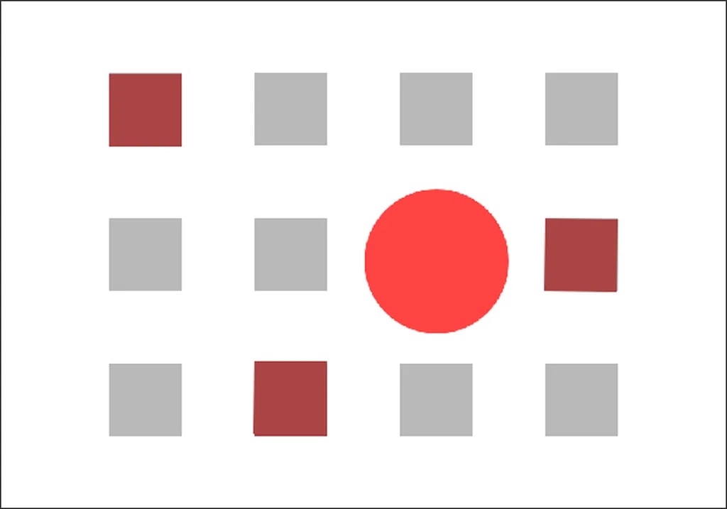 تصویر 2. دایره قرمز، نقطه کانونی اصلی این تصویر و سه مربع سرخ، نقاط کانونی ثانویه هستند.