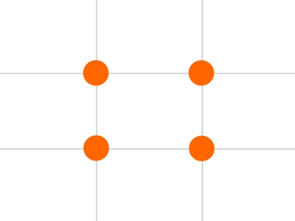 تصویر 2. اگر قاب تصویر را با دو خط عمودی و دو خط افقی فرضی به 9 قسمت مساوی تقسیم کنید، این خطوط در چهار نقطه یکدیگر را قطع میکنند که آن نقاط را نقاط یکسوم قاب تصویر مینامیم. طبق قانون یکسوم، اگر عکس را طوری ترکیببندی کنید که موضوع یا موضوعات اصلی عکس روی یکی از این نقاط جای بگیرد، جاذبه و وزن بصری بیشتری میبابد.