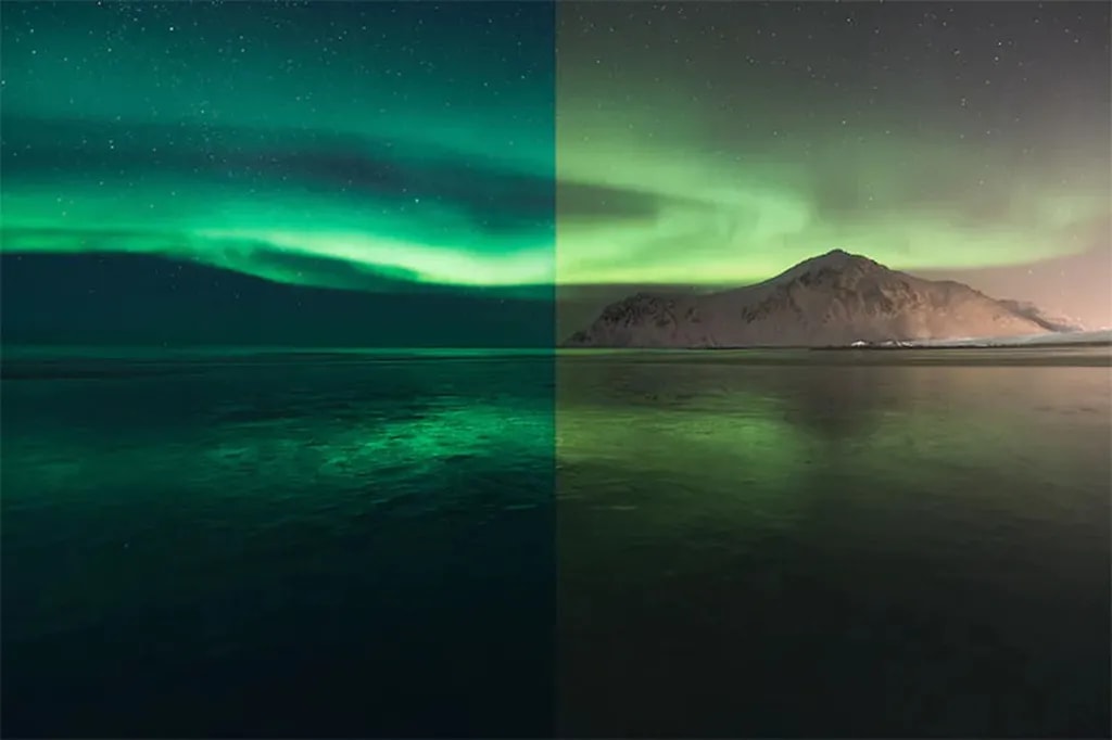 عکس 5. راست: تراز سفیدی را دوربین تنظیم کرده است؛ چپ: تراز سفیدی با نرمافزار تغییر یافته و تنظیم شده است. (عکاس: Leonardo Papèta، تارنمای iceland-photo-tours.com)