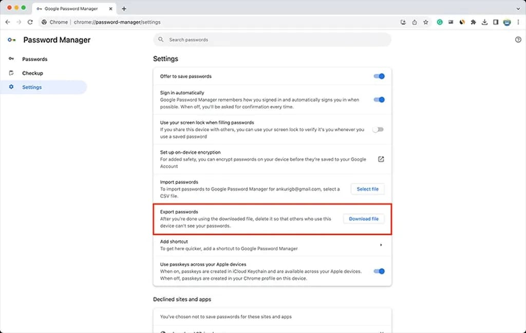 خروجی گرفتن از پسوردهای گوگل کروم