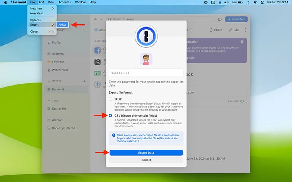 خروجی گرفتن از پسوردهای 1Password