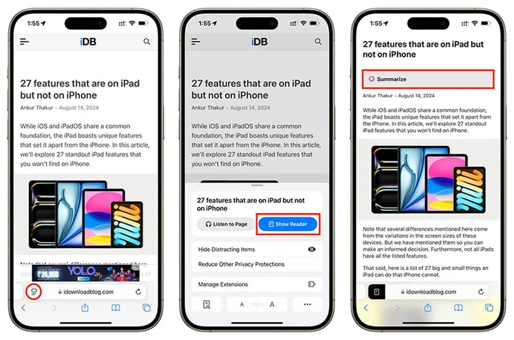 خلاصهنویسی در مرورگر سافاری