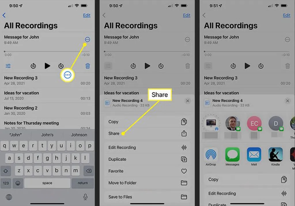 مراحل ارسال صدای ضبط شده در Voice Memos