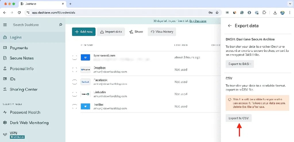 خروجی گرفتن از پسوردهای Dashlane