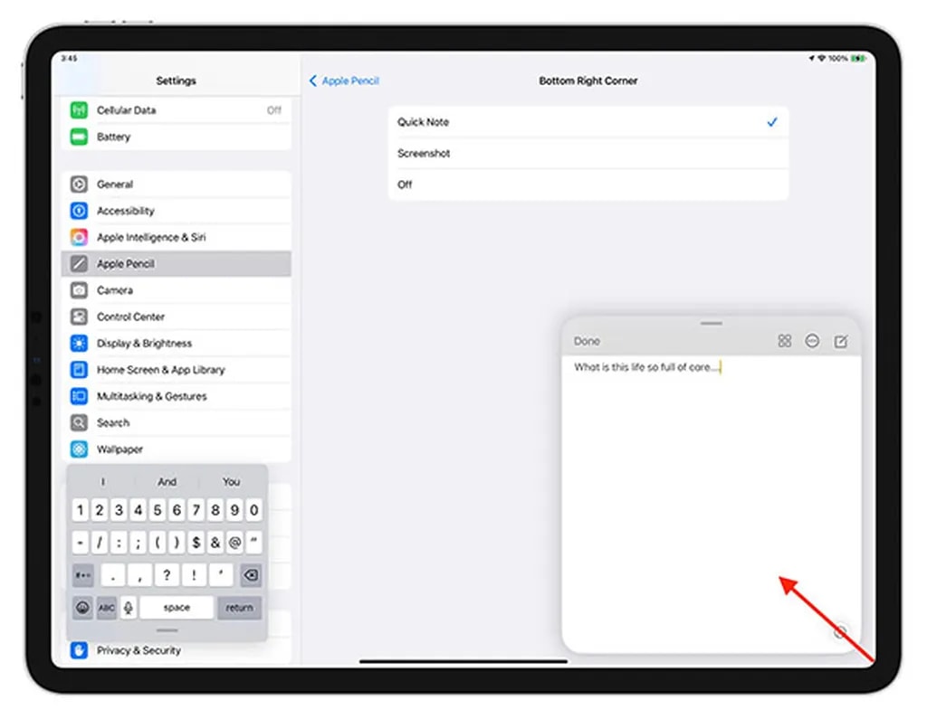 سوایپ از گوشه صفحه آیپد برای دسترسی به نوتها