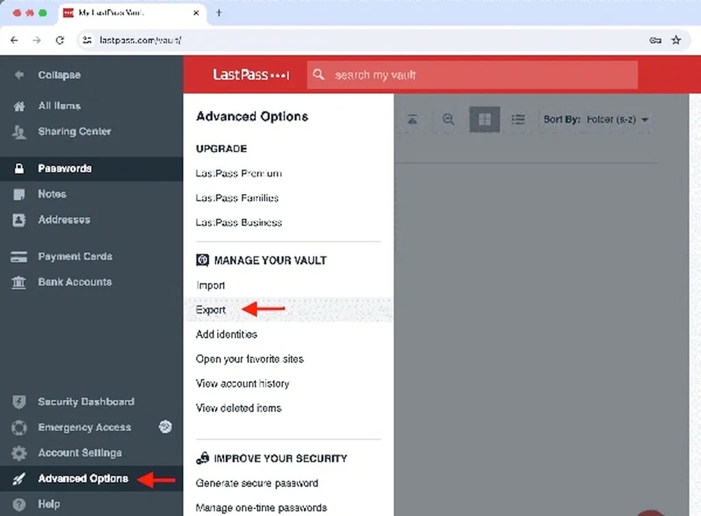 خروجی گرفتن از پسوردهای LastPass