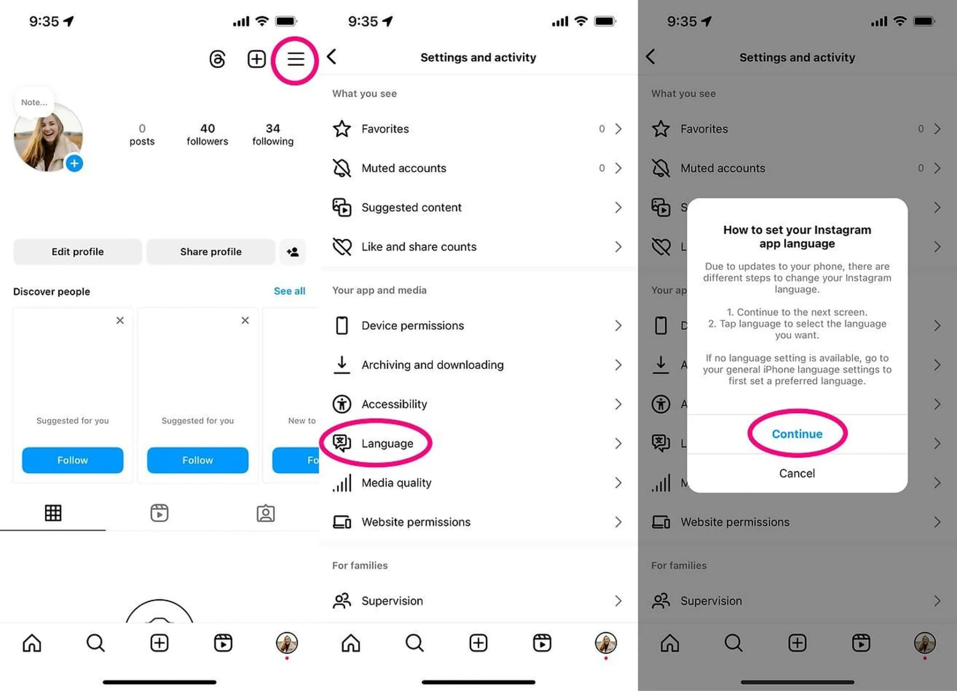 روش اول تغییر زبان اینستاگرام در آیفون؛ از انگلیسی به فارسی و بالعکس