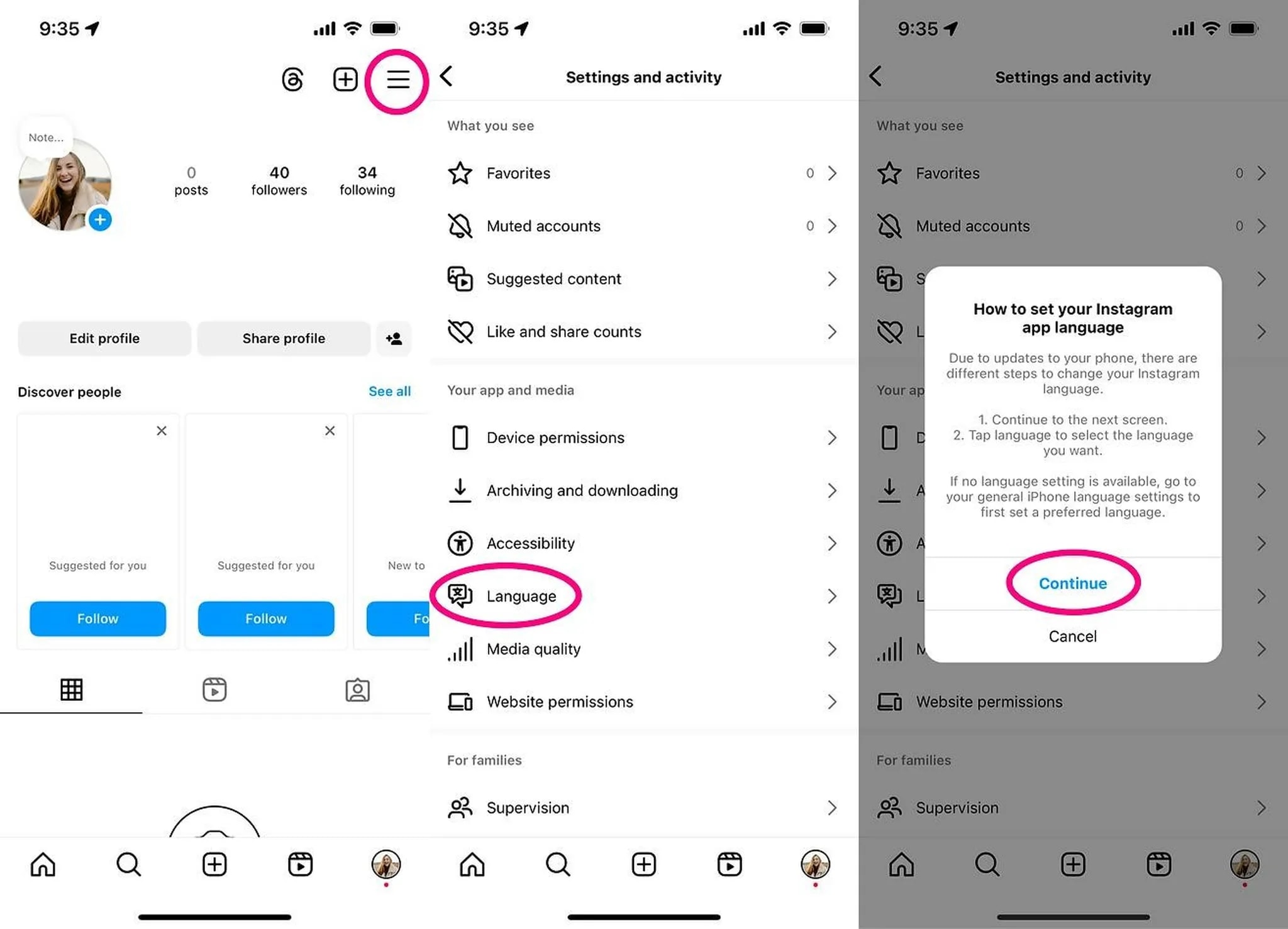 روش اول تغییر زبان اینستاگرام در آیفون؛ از انگلیسی به فارسی و بالعکس