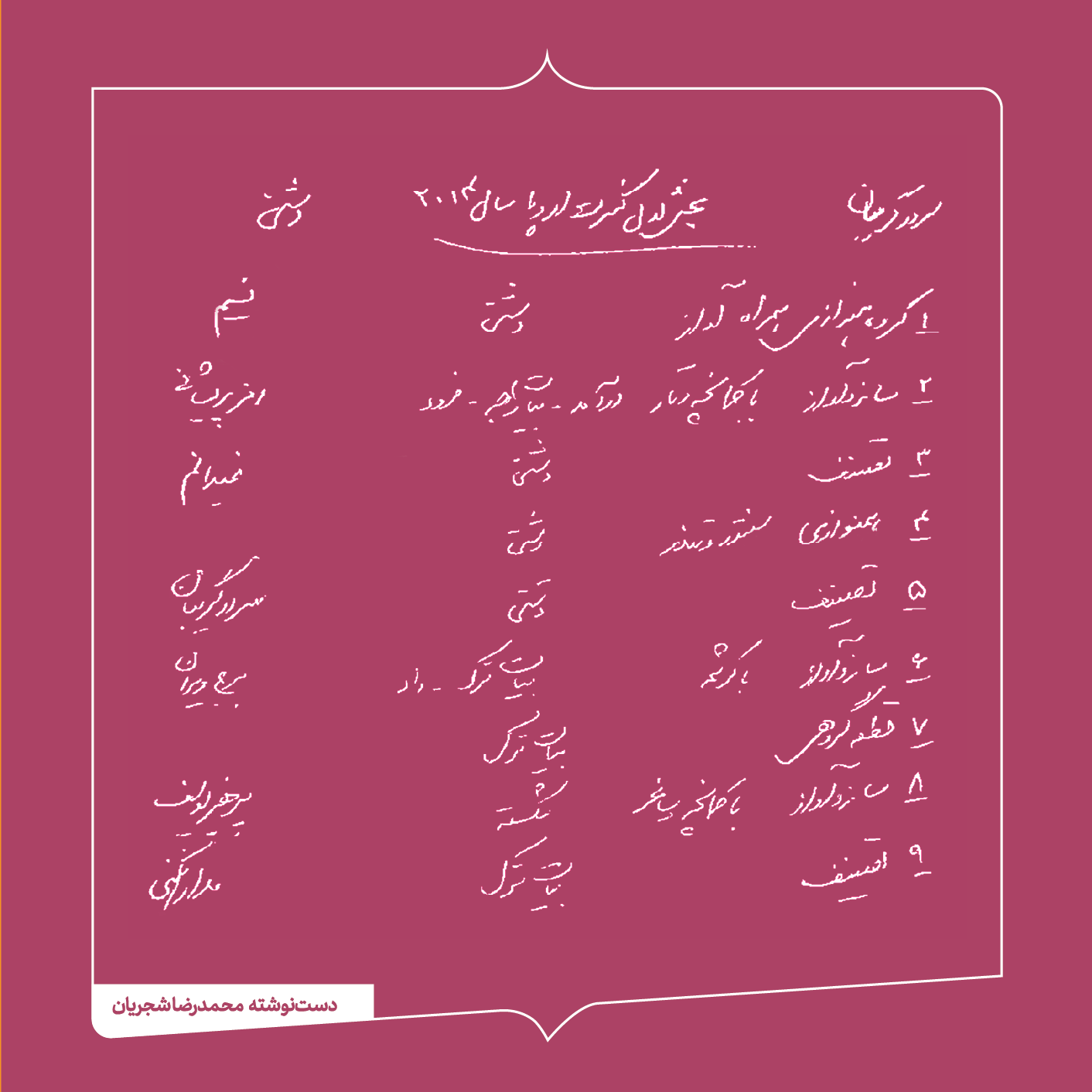 قطعات آلبوم سر در گریبان با دست‌نوشته محمدرضا شجریان